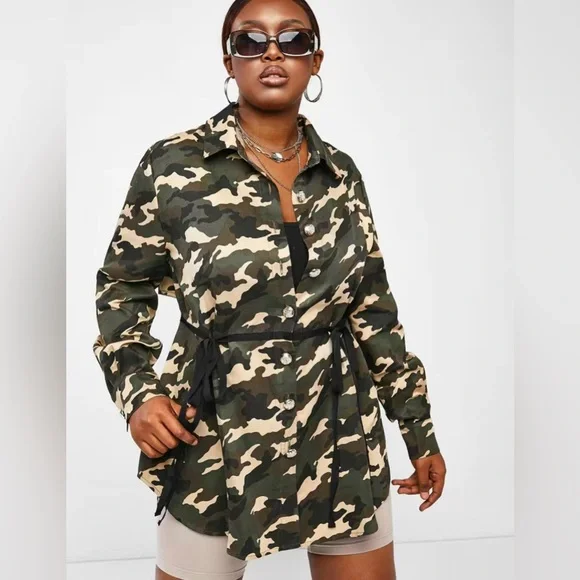 Plus Size Camo Print Button Front High Low Coat Outerwear - Picture 1 of 9